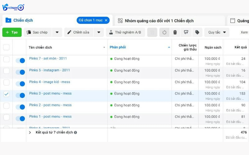 chọn chiến dịch hoặc nhóm quảng cáo